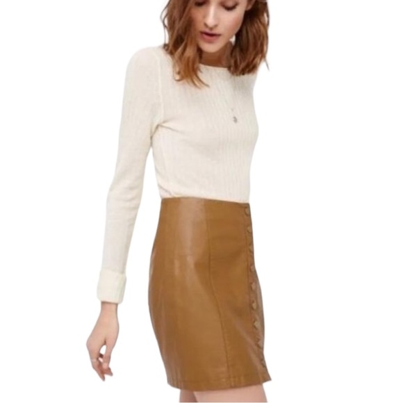 Free People Oh Snap Tan Vegan Faux Leather Snap Front Mini Skirt - 10 - Picture 2 of 14